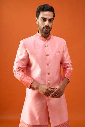 Shop_Arihant Rai Sinha_Pink Silk, Jacquard, Polyester, Viscose Placed Floral Pattern Sherwani Set _Online_at_Aza_Fashions