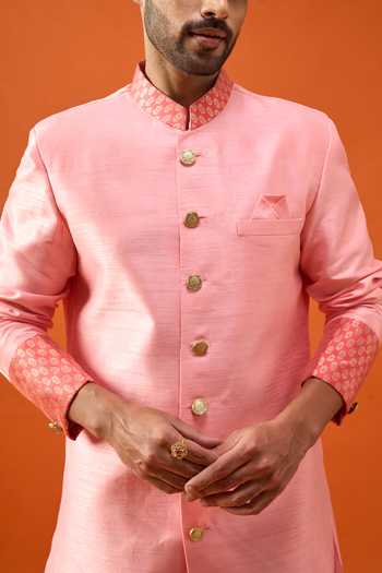 Arihant Rai Sinha_Pink Silk, Jacquard, Polyester, Viscose Placed Floral Pattern Sherwani Set _at_Aza_Fashions