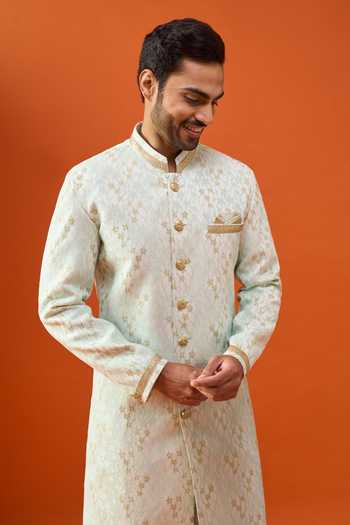 Buy_Arihant Rai Sinha_Green Brocade, Polyester, Viscose Sherwani And Trouser Set _Online_at_Aza_Fashions