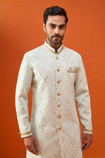 Shop_Arihant Rai Sinha_Green Brocade, Polyester, Viscose Sherwani And Trouser Set _Online_at_Aza_Fashions