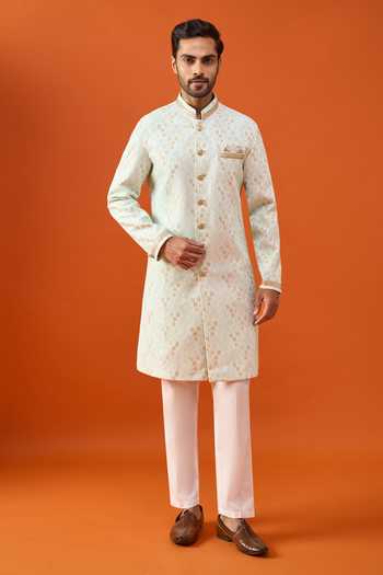 Shop_Arihant Rai Sinha_Green Brocade, Polyester, Viscose Sherwani And Trouser Set 