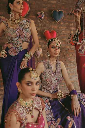Label Moni K Multi Color Crepe, Satin Mandala Embroidered Pre-draped Saree With Blouse Online at Aza Fashions Label Moni K_Multi Color Crepe, Satin Mandala Embroidered Pre-draped Saree With Blouse _Online_at_Aza_Fashions
