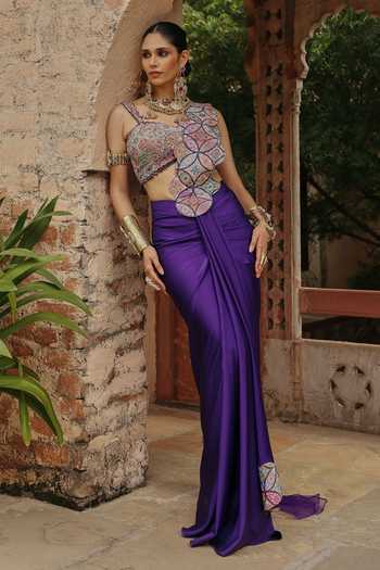 Shop Label Moni K Multi Color Crepe, Satin Mandala Embroidered Pre-draped Saree With Blouse Online at Aza Fashions Shop_Label Moni K_Multi Color Crepe, Satin Mandala Embroidered Pre-draped Saree With Blouse _Online_at_Aza_Fashions
