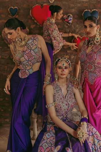 Label Moni K Multi Color Crepe, Satin Mandala Embroidered Pre-draped Saree With Blouse at Aza Fashions Label Moni K_Multi Color Crepe, Satin Mandala Embroidered Pre-draped Saree With Blouse _at_Aza_Fashions