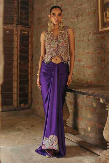 Label Moni K Multi Color Crepe, Satin Embroidery, Beads V-neck Mandala Print Skirt And Vest Set Online at Aza Fashions Label Moni K_Multi Color Crepe, Satin Embroidery, Beads V-neck Mandala Print Skirt And Vest Set _Online_at_Aza_Fashions