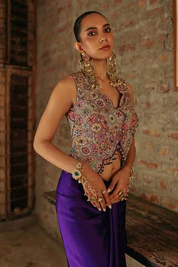 Buy Label Moni K Multi Color Crepe, Satin Embroidery, Beads V-neck Mandala Print Skirt And Vest Set Online at Aza Fashions Buy_Label Moni K_Multi Color Crepe, Satin Embroidery, Beads V-neck Mandala Print Skirt And Vest Set _Online_at_Aza_Fashions