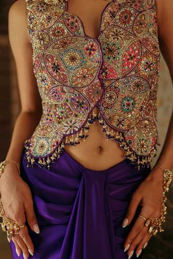 Shop Label Moni K Multi Color Crepe, Satin Embroidery, Beads V-neck Mandala Print Skirt And Vest Set Online at Aza Fashions Shop_Label Moni K_Multi Color Crepe, Satin Embroidery, Beads V-neck Mandala Print Skirt And Vest Set _Online_at_Aza_Fashions