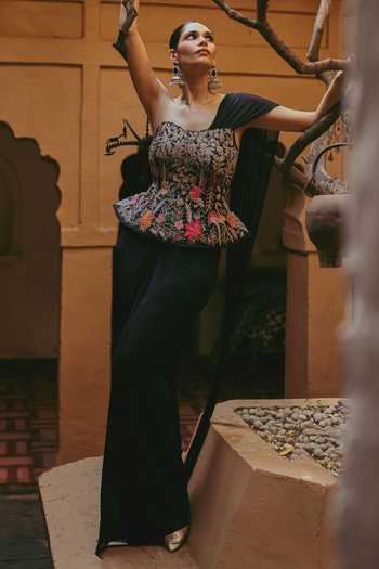 Buy Label Moni K Black Organza, Lycra Embroidery One Mahira Draped Saree With Peplum Top Online at Aza Fashions Buy_Label Moni K_Black Organza, Lycra Embroidery One Mahira Draped Saree With Peplum Top _Online_at_Aza_Fashions