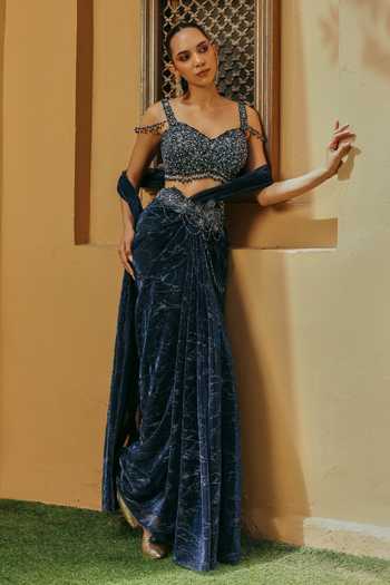 Label Moni K Blue Net, Lycra Naira Valentino Embroidered Lehenga Saree With Bustier Online at Aza Fashions Label Moni K_Blue Net, Lycra Naira Valentino Embroidered Lehenga Saree With Bustier _Online_at_Aza_Fashions