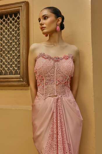 Label Moni K_Peach Satin, Tissue Embroidery Rozea Floral Embellished Corset And Skirt Set _Online_at_Aza_Fashions