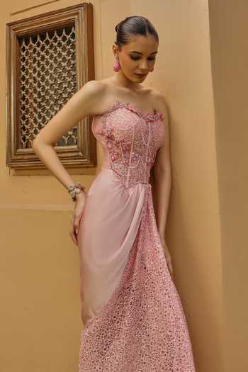 Buy_Label Moni K_Peach Satin, Tissue Embroidery Rozea Floral Embellished Corset And Skirt Set _Online_at_Aza_Fashions