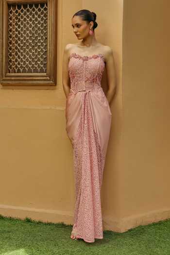 Shop_Label Moni K_Peach Satin, Tissue Embroidery Rozea Floral Embellished Corset And Skirt Set _Online_at_Aza_Fashions