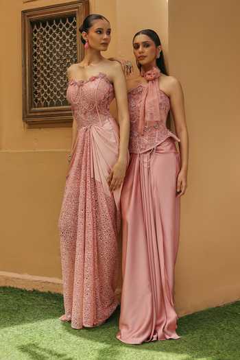 Label Moni K_Peach Satin, Tissue Embroidery Rozea Floral Embellished Corset And Skirt Set _at_Aza_Fashions