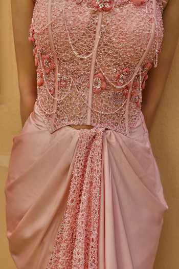 Buy_Label Moni K_Peach Satin, Tissue Embroidery Rozea Floral Embellished Corset And Skirt Set 