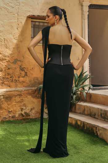 Label Moni K Misha Pre-Draped Saree With Embroidered Corset 
