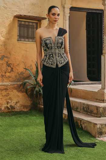 Label Moni K Misha Pre-Draped Saree With Embroidered Corset 