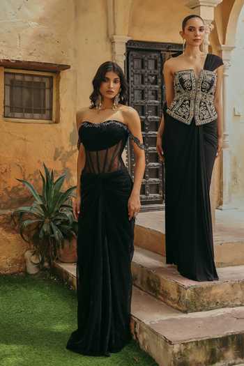 Label Moni K Black Crepe, Lycra Zari Plunge Misha Pre-draped Saree With Embroidered Corset at Aza Fashions Label Moni K_Black Crepe, Lycra Zari Plunge Misha Pre-draped Saree With Embroidered Corset _at_Aza_Fashions