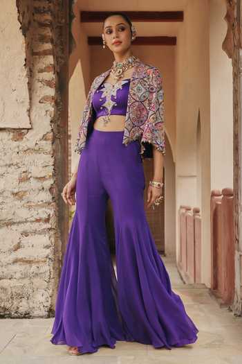 Buy Label Moni K Purple Georgette, Crepe Embroidery, Beads Sweetheart Ameera Jacket Pant Set Online at Aza Fashions Buy_Label Moni K_Purple Georgette, Crepe Embroidery, Beads Sweetheart Ameera Jacket Pant Set _Online_at_Aza_Fashions