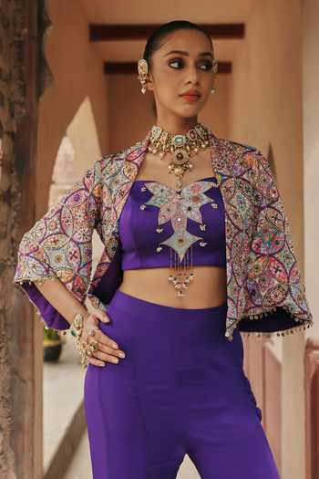 Shop Label Moni K Purple Georgette, Crepe Embroidery, Beads Sweetheart Ameera Jacket Pant Set Online at Aza Fashions Shop_Label Moni K_Purple Georgette, Crepe Embroidery, Beads Sweetheart Ameera Jacket Pant Set _Online_at_Aza_Fashions