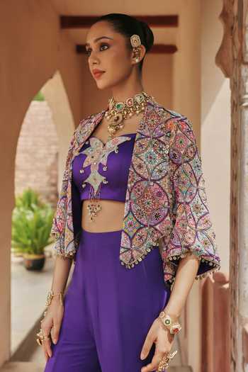 Label Moni K Purple Georgette, Crepe Embroidery, Beads Sweetheart Ameera Jacket Pant Set at Aza Fashions Label Moni K_Purple Georgette, Crepe Embroidery, Beads Sweetheart Ameera Jacket Pant Set _at_Aza_Fashions