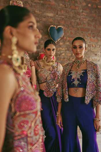 Buy Label Moni K Purple Georgette, Crepe Embroidery, Beads Sweetheart Ameera Jacket Pant Set Buy_Label Moni K_Purple Georgette, Crepe Embroidery, Beads Sweetheart Ameera Jacket Pant Set