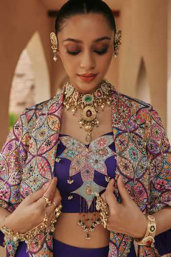 Shop Label Moni K Purple Georgette, Crepe Embroidery, Beads Sweetheart Ameera Jacket Pant Set Shop_Label Moni K_Purple Georgette, Crepe Embroidery, Beads Sweetheart Ameera Jacket Pant Set
