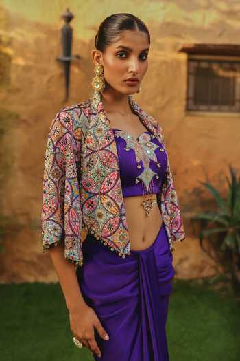 Buy Label Moni K Purple Georgette, Crepe, Satin Sweetheart Ameera Embroidered Jacket Skirt Set Online at Aza Fashions Buy_Label Moni K_Purple Georgette, Crepe, Satin Sweetheart Ameera Embroidered Jacket Skirt Set _Online_at_Aza_Fashions