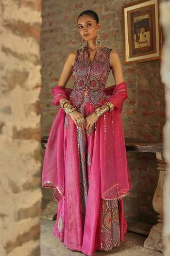 Label Moni K Prink Mirror Work Jacket Lehenga Set 