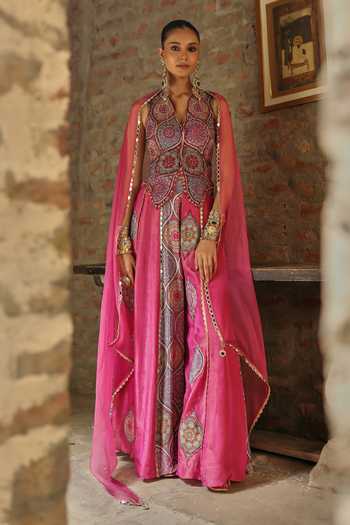 Shop Label Moni K Pink Silk, Organza, Crepe, Tissue Split Prink Mirror Work Jacket Lehenga Set Online at Aza Fashions Shop_Label Moni K_Pink Silk, Organza, Crepe, Tissue Split Prink Mirror Work Jacket Lehenga Set _Online_at_Aza_Fashions