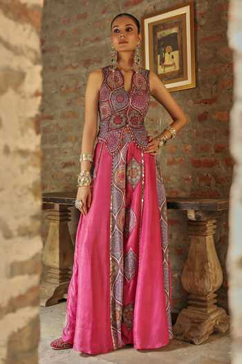 Label Moni K Pink Silk, Organza, Crepe, Tissue Split Prink Mirror Work Jacket Lehenga Set at Aza Fashions Label Moni K_Pink Silk, Organza, Crepe, Tissue Split Prink Mirror Work Jacket Lehenga Set _at_Aza_Fashions