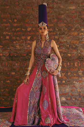 Buy Label Moni K Pink Silk, Organza, Crepe, Tissue Split Prink Mirror Work Jacket Lehenga Set Buy_Label Moni K_Pink Silk, Organza, Crepe, Tissue Split Prink Mirror Work Jacket Lehenga Set