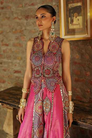Shop Label Moni K Pink Silk, Organza, Crepe, Tissue Split Prink Mirror Work Jacket Lehenga Set Shop_Label Moni K_Pink Silk, Organza, Crepe, Tissue Split Prink Mirror Work Jacket Lehenga Set