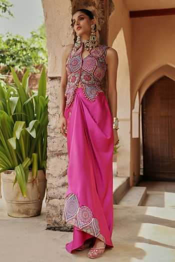 Buy Label Moni K Pink Crepe, Satin High Neck Prink Embroidered Vest And Skirt Set Online at Aza Fashions Buy_Label Moni K_Pink Crepe, Satin High Neck Prink Embroidered Vest And Skirt Set _Online_at_Aza_Fashions