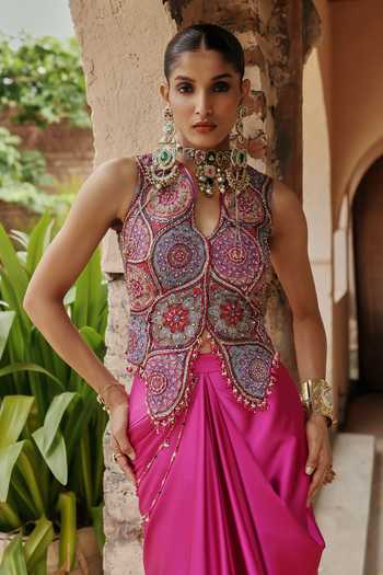 Shop Label Moni K Pink Crepe, Satin High Neck Prink Embroidered Vest And Skirt Set Online at Aza Fashions Shop_Label Moni K_Pink Crepe, Satin High Neck Prink Embroidered Vest And Skirt Set _Online_at_Aza_Fashions
