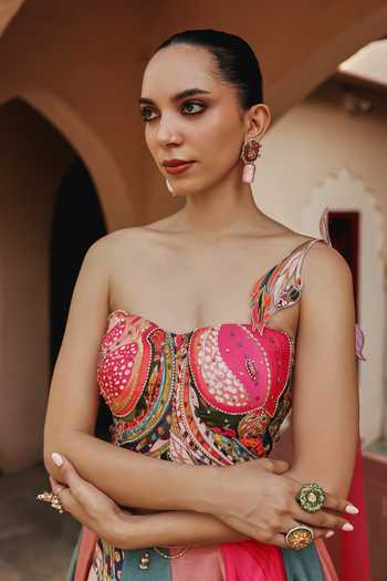 Label Moni K Multi Color Crepe, Tissue, Silk Pomelle Fiza Printed Lehenga And Bustier Set Online at Aza Fashions Label Moni K_Multi Color Crepe, Tissue, Silk Pomelle Fiza Printed Lehenga And Bustier Set _Online_at_Aza_Fashions
