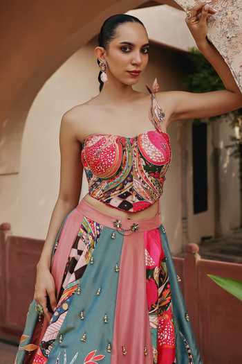 Buy Label Moni K Multi Color Crepe, Tissue, Silk Pomelle Fiza Printed Lehenga And Bustier Set Online at Aza Fashions Buy_Label Moni K_Multi Color Crepe, Tissue, Silk Pomelle Fiza Printed Lehenga And Bustier Set _Online_at_Aza_Fashions