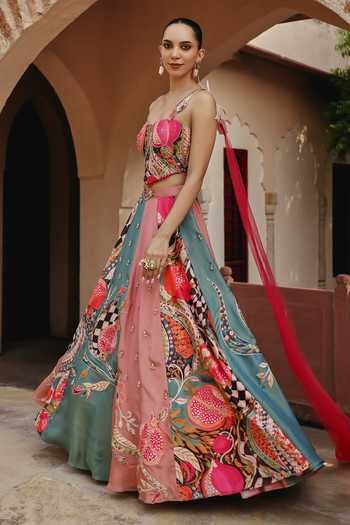Shop Label Moni K Multi Color Crepe, Tissue, Silk Pomelle Fiza Printed Lehenga And Bustier Set Online at Aza Fashions Shop_Label Moni K_Multi Color Crepe, Tissue, Silk Pomelle Fiza Printed Lehenga And Bustier Set _Online_at_Aza_Fashions