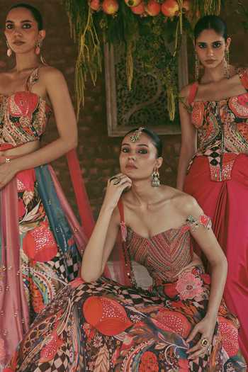 Buy Label Moni K Multi Color Crepe, Tissue, Silk Pomelle Fiza Printed Lehenga And Bustier Set Buy_Label Moni K_Multi Color Crepe, Tissue, Silk Pomelle Fiza Printed Lehenga And Bustier Set
