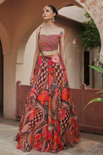 Label Moni K Multi Color Organza, Chanderi, Net Pomelle Kundan Printed Lehenga And Blouse Set Online at Aza Fashions Label Moni K_Multi Color Organza, Chanderi, Net Pomelle Kundan Printed Lehenga And Blouse Set _Online_at_Aza_Fashions