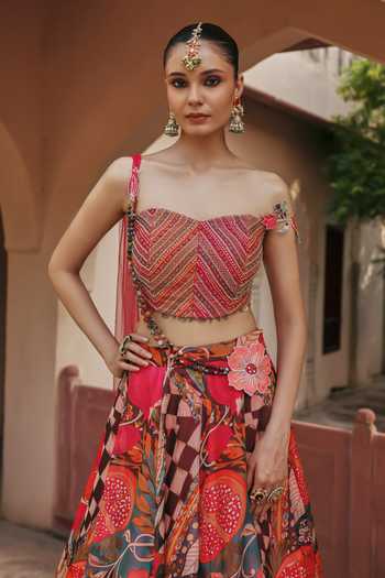 Buy Label Moni K Multi Color Organza, Chanderi, Net Pomelle Kundan Printed Lehenga And Blouse Set Online at Aza Fashions Buy_Label Moni K_Multi Color Organza, Chanderi, Net Pomelle Kundan Printed Lehenga And Blouse Set _Online_at_Aza_Fashions