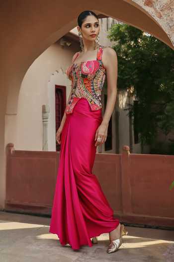 Buy Label Moni K Fuchsia Crepe, Satin Square Neck Pomelle Gypsy Printed Skirt And Top Set Online at Aza Fashions Buy_Label Moni K_Fuchsia Crepe, Satin Square Neck Pomelle Gypsy Printed Skirt And Top Set _Online_at_Aza_Fashions