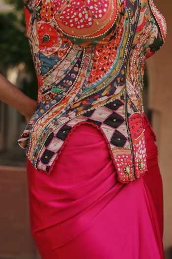 Buy Label Moni K Fuchsia Crepe, Satin Square Neck Pomelle Gypsy Printed Skirt And Top Set Buy_Label Moni K_Fuchsia Crepe, Satin Square Neck Pomelle Gypsy Printed Skirt And Top Set
