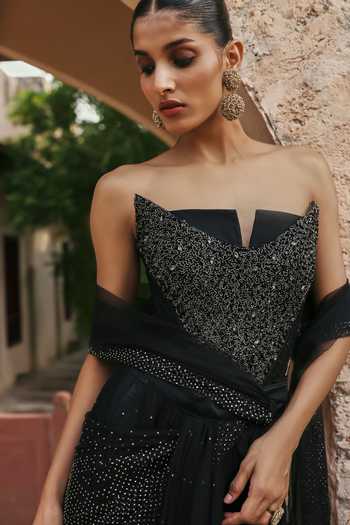 Label Moni K Black Net Embroidery Sweetheart Nazar Pre-draped Saree With Embellished Corset Online at Aza Fashions Label Moni K_Black Net Embroidery Sweetheart Nazar Pre-draped Saree With Embellished Corset _Online_at_Aza_Fashions