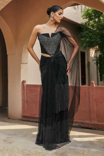 Shop Label Moni K Black Net Embroidery Sweetheart Nazar Pre-draped Saree With Embellished Corset Online at Aza Fashions Shop_Label Moni K_Black Net Embroidery Sweetheart Nazar Pre-draped Saree With Embellished Corset _Online_at_Aza_Fashions