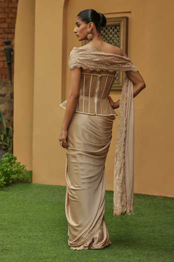 Label Moni K Noire Border Embroidered Saree With Corset 