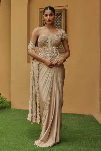 Label Moni K Noire Border Embroidered Saree With Corset 