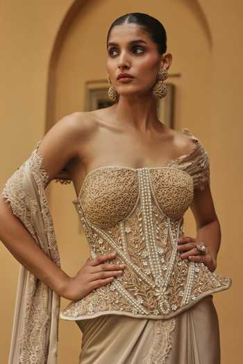Buy Label Moni K Gold Satin, Net Embroidery, Pearls Sweetheart Noire Border Saree With Corset Online at Aza Fashions Buy_Label Moni K_Gold Satin, Net Embroidery, Pearls Sweetheart Noire Border Saree With Corset _Online_at_Aza_Fashions