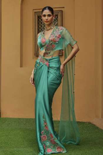 Label Moni K Maira Paisley Embroidered Pre-Draped Saree Set 