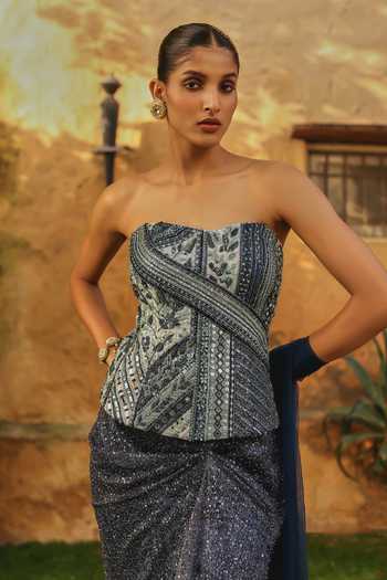 Label Moni K Blue Organza, Net Sweetheart Neck Ombre Embellished Lehenga Set Online at Aza Fashions Label Moni K_Blue Organza, Net Sweetheart Neck Ombre Embellished Lehenga Set _Online_at_Aza_Fashions