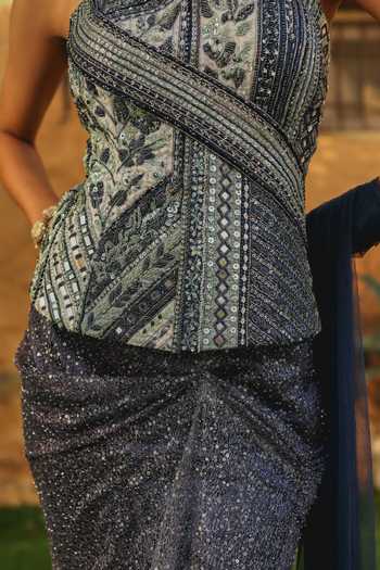 Label Moni K Blue Organza, Net Sweetheart Neck Ombre Embellished Lehenga Set at Aza Fashions Label Moni K_Blue Organza, Net Sweetheart Neck Ombre Embellished Lehenga Set _at_Aza_Fashions